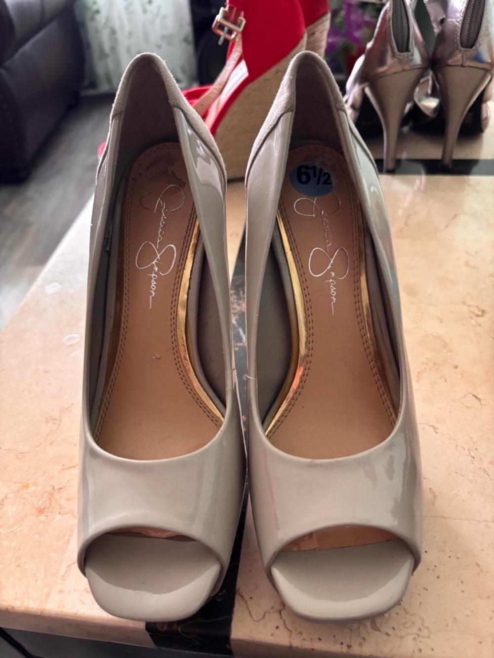 Jessica Simpson Nude Patent Peep-Toe Heels